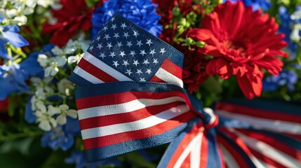 Obraz premium American flag ribbon tied on patriotic flowers with blue red white petals during daylight