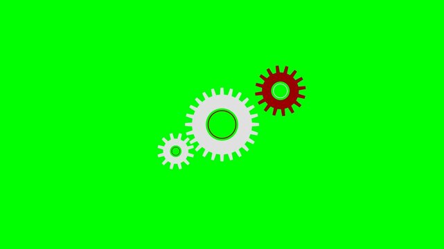 Three interlocking mechanical gears isolated on a solid green background