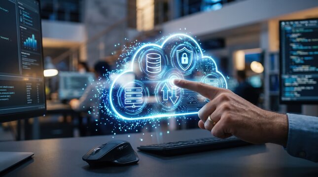Cyber security with futuristic hologram cloud database and lock protection, ensuring safe data encryption, privacy defense, and secure information management in a high-tech