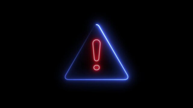 Animation of glowing neon Warning attention icon signal. conveying caution and alert. Neon blue danger road warning sign animated on black screen. 