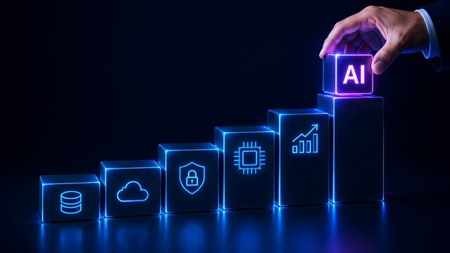 Business hand places glowing AI cube, symbolizing the strategic integration of artificial intelligence into a progressive stack of modern digital technologies.