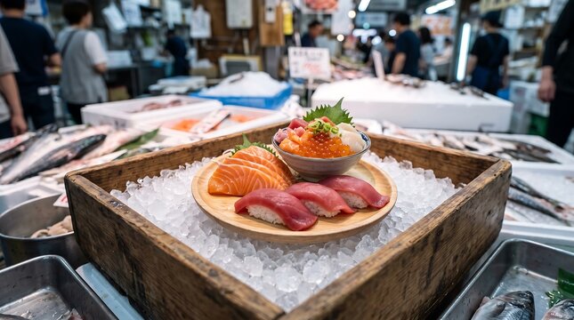 Fresh sushi and sashimi platter on ice, traditional Japanese seafood market display, raw tuna and salmon nigiri in wooden crate