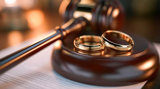 Gavel and wedding rings representing divorce law and legal separation