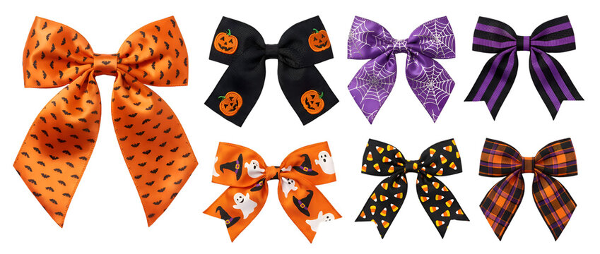 Mega Halloween Ribbon Bows Set with Spooky Patterns and Solid Colors Isolated on Transparent
