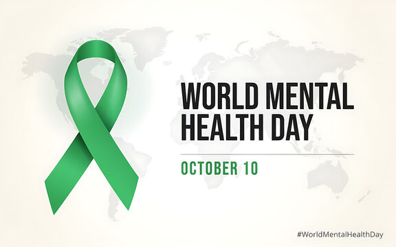 World mental health day banner with green awareness ribbon and global map background for october tenth