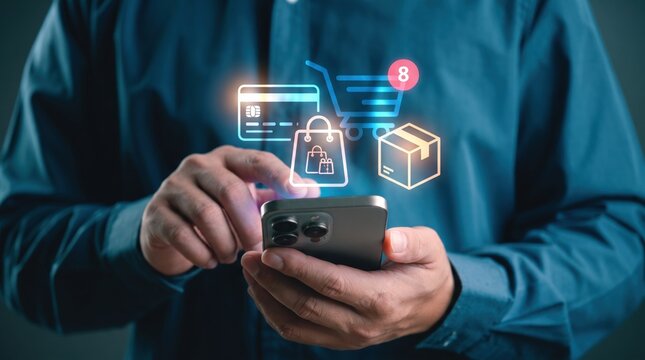 Man using smartphone for online shopping, ecommerce payment with credit card, digital cart icon, delivery box, mobile app, internet retail business, cyber monday sale, buy goods