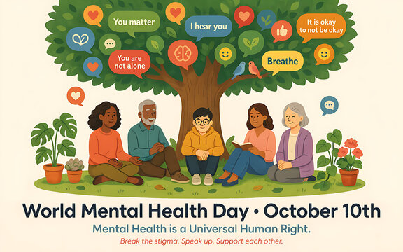 Diverse group of people sitting under a tree with speech bubbles representing mental health awareness and support