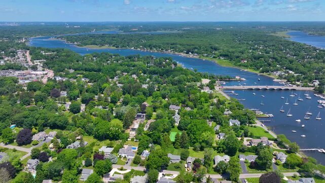 Barrington Yacht Club aerial view at Tyler Point in town of Barrington, Rhode Island RI, USA. Tyler Point located at the mouth of Palmer River into Barrington River. 