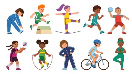 Fototapeta premium Modern Geometric Children Participating in Sports and Physical Education Activities Illustration Collection
