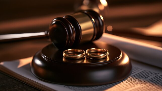 Wedding rings on judge's gavel symbolizing divorce law