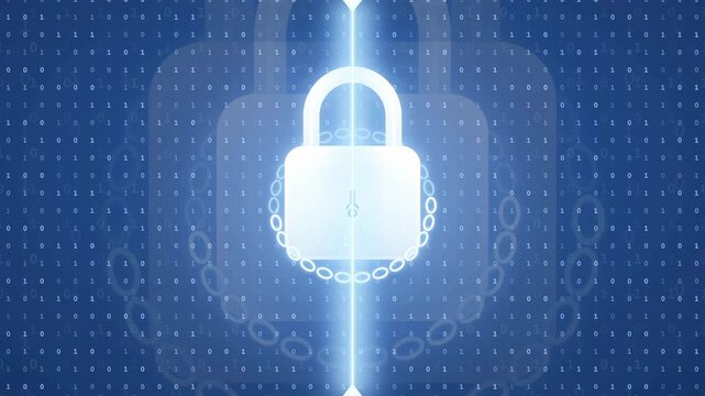 Digital security concept with glowing padlock icon on blue technological background with data streams