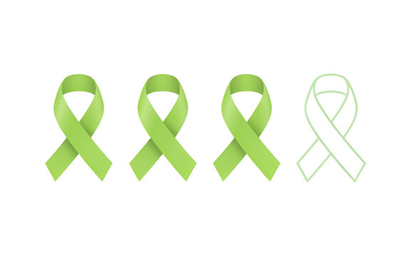 Four green ribbons representing awareness and support on white background
