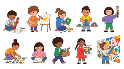 Fototapeta premium Geometric Children Creating Art and Craft Educational Character Illustration Collection