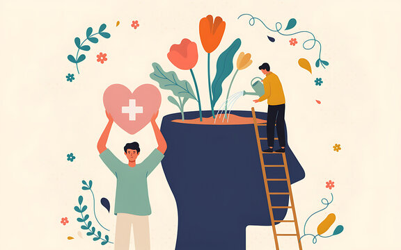Nurturing mental health with care and growth represented through illustration