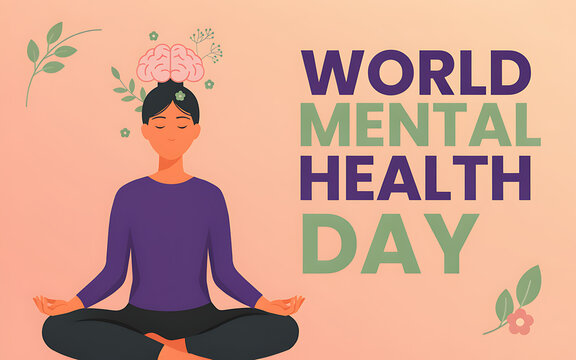 World mental health day illustration with meditating woman and brain graphic