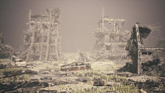 Dusty open plain leading toward skeletal towers, sunmuted palette with hazy depth, scattered concrete slabs and grassy patches, cinematic sense of journey