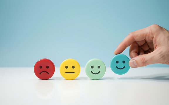 Hand selecting a happy face from a row of colorful emotion icons
