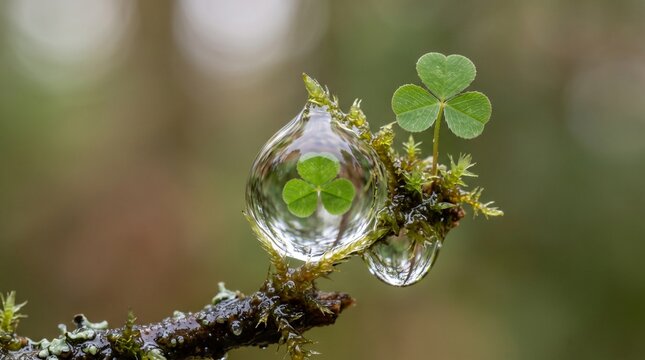 Clover leaf reflected in a dew drop on a mossy branch