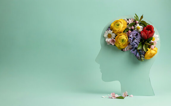 Human head silhouette filled with colorful flowers on a pastel background