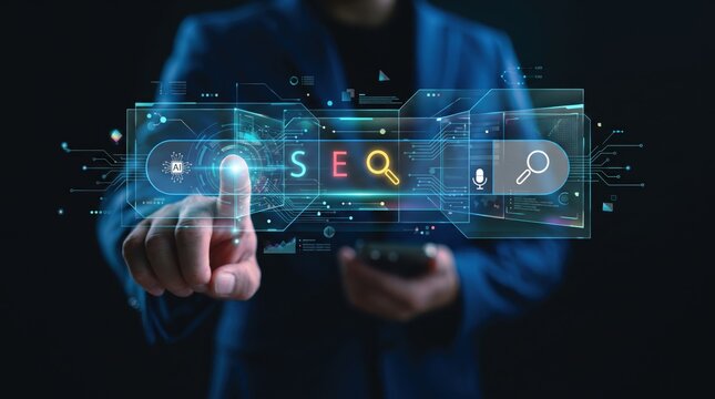 Hand touching SEO hologram interface with AI icon and search magnifier, digital marketing for online visibility optimization, voice search integration, advanced analytics