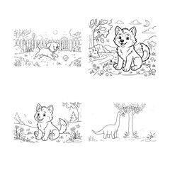 A collection of four cute animal coloring page illustrations featuring a puppy a wolf and a dinosaur © UMMAH
