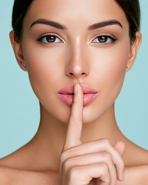 Woman making silent gesture holding finger on lips