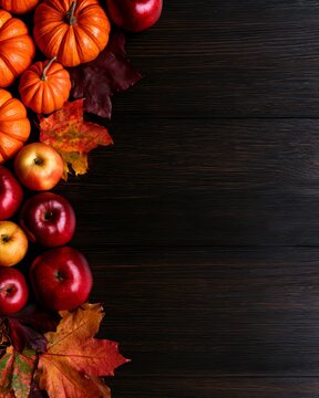 Pumpkins apples and autumn leaves on dark wood