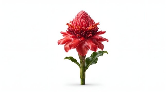 Stunning vibrant red Etlingera elatior torch ginger flower isolated on white background.