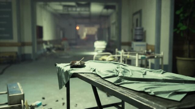 Abandoned operating table in dim corridor, surgical drape on table, scattered instruments on metal tray, empty gurney beside bloodstained linen, overhead