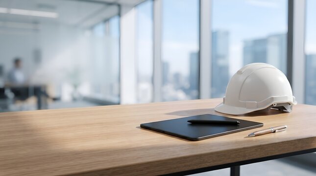 White hard hat on a wooden desk in a modern office with city view.