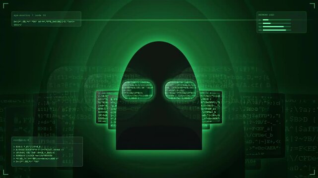 Digital hacker silhouette with green binary code and data streams for cybersecurity concept