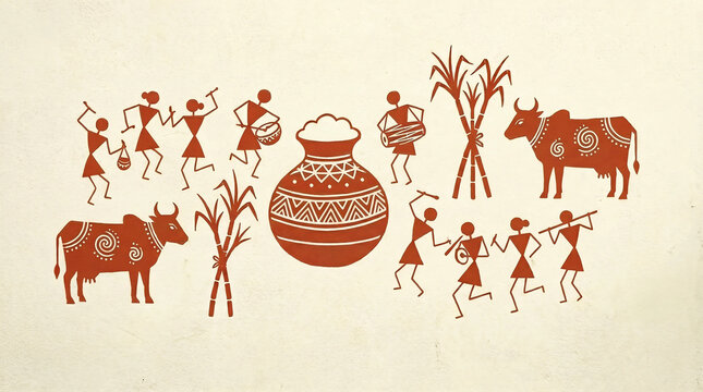 Primitive figures of people and sacred cows around Pongal pot on light background. Tamil holidays and warli painting art concept. For Thai Pongal. Pattern illustration for poster, card, design