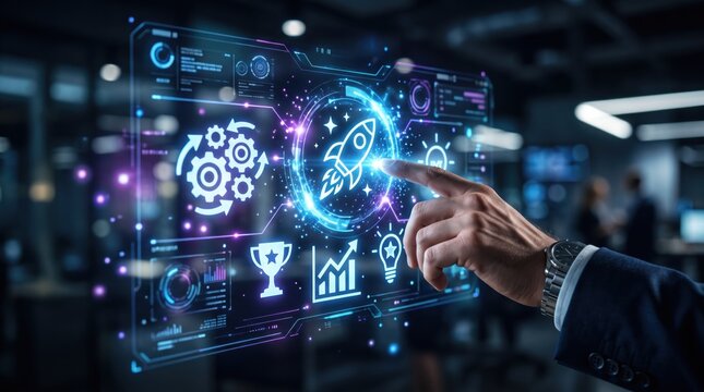 Startup innovation and rocket launch on futuristic holographic interface, business growth and success strategy with gears and trophy icons for entrepreneurship and technological
