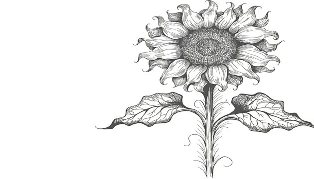 Detailed botanical sunflower line art illustration in black and white ink sketch style