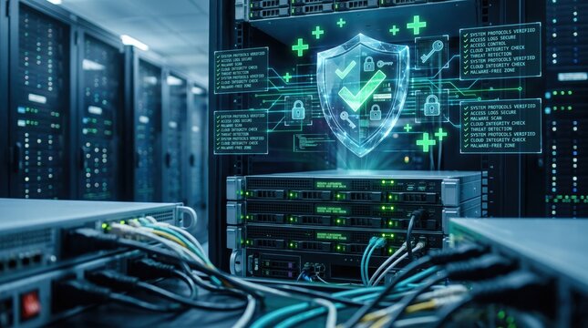 Cybersecurity concept in data center with holographic shield protecting server racks, digital network security and firewall technology background