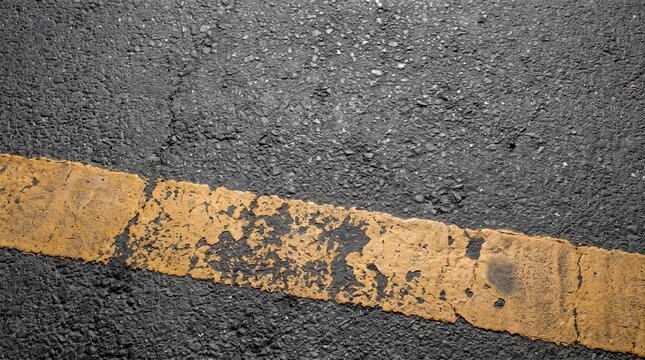 Texture of a weathered yellow road line on an asphalt background