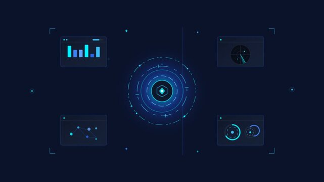 Futuristic HUD interface animation with glowing blue data charts and radar