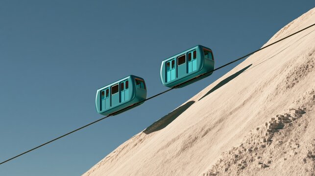 Clean conceptual render of two funicular cars balanced on a single incline in constant counterweight