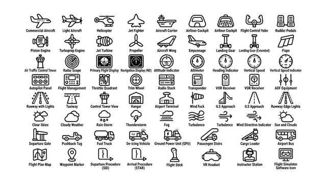 Collection of aviation icons depicting aircraft parts controls weather conditions and airport ground equipment with transparent backgrounds