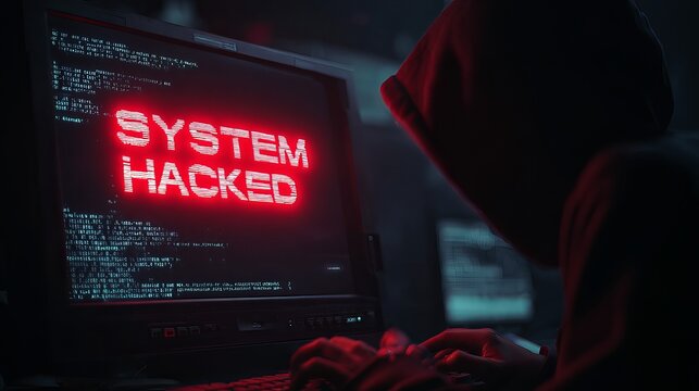 Hooded hacker typing code on glowing computer screen displaying bright red system hacked warning text alert