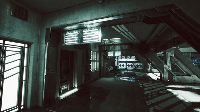 Industrial gritty backdrop. Unpolished utility passage with shadowplay lighting. Rough service corridor enveloped in shadows and industrial ambiance