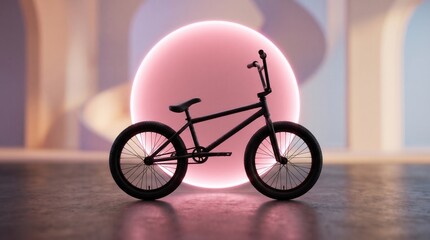 Fototapeta premium Bmx stunt bike silhouette in front of a soft glowing pink circle with silhouette