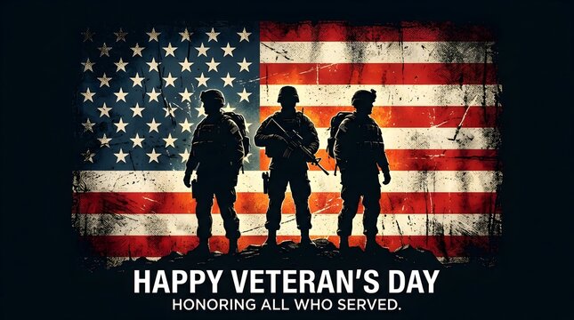 Silhouettes of three brave soldiers are standing with honor in front of a weathered american flag for veterans day