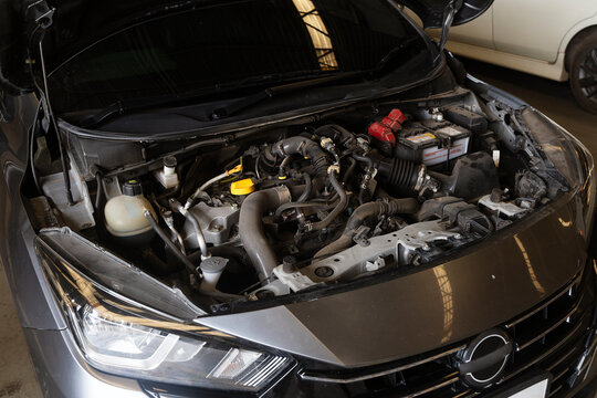 Cars Under Repair with Open Hoods in an Automotive Service Workshop