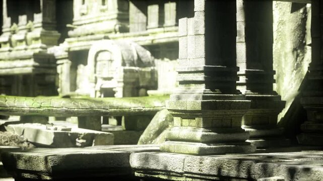 Ornate pillar base with soft sunlight, conservator examining chisel marks and lichen patches, patina and micro texture on sandstone highlighted, quiet study