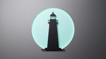 Black silhouette of a tall lighthouse on a circular light blue background © Burhan