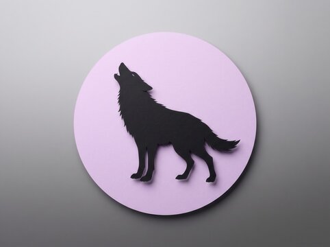 Black silhouette of a howling wolf on a circular light purple background