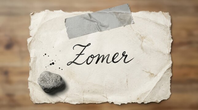 Handwritten Zomer sign on aged paper with tape and stone