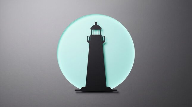 Black silhouette of a tall lighthouse on a circular light blue background