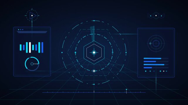Futuristic HUD interface with spinning circles and data graphs in cyberspace